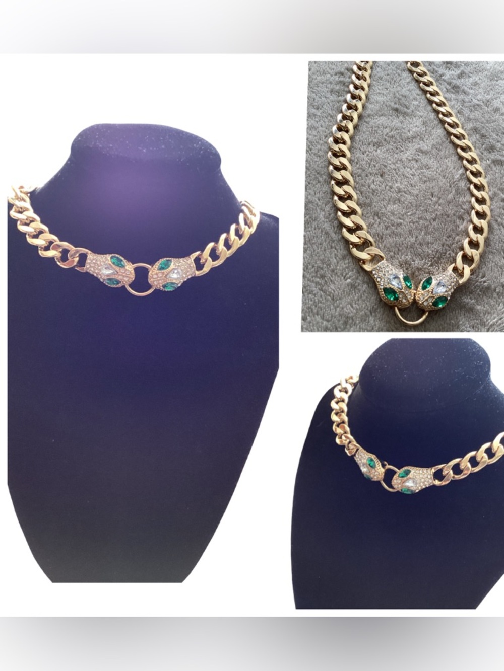 🌂 NWT Gold Chain Necklace with Green and Clear Gem Accents